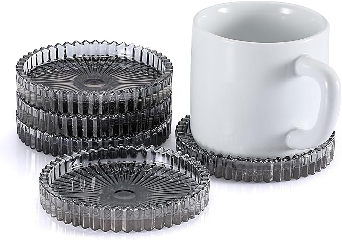 Modern Clear Coaster Set of 5- Glass Coasters for Drinks Crystal Coasters Round Cup Coasters Coffee Table Decor for Office, Kitchen, Bar, Dining Room, Living Room, Patio (Clear Black)