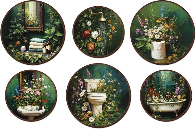 TOARTi 6pcs Vintage Floral Bathroom Wall Art Set(9.9”x3/7.9”x3) Round Dark Green Botanical Wall Plaques Moody Bathroom Wooden Hanging Vintage Wildflower Shower Bath Wall Decor for Restroom