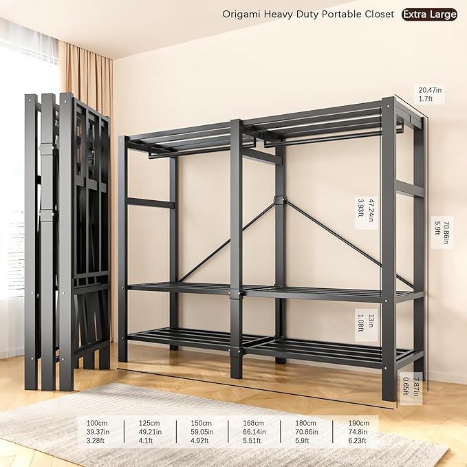 Heavy Duty Portable Closet with Cover Magnetic Doors, Metal Rolling Clothes Rack Heavy Duty 1500LBS, Foldable Clothing Rack, Garment Racks for Bedroom/LivingRoom/Rental (KT Grey, 74.8in)