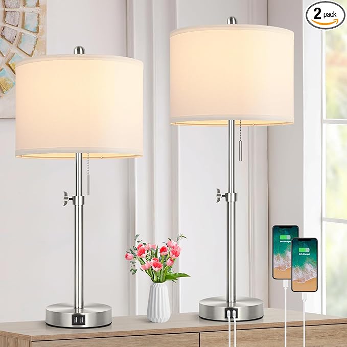 Kondras Table Lamp Set of 2 for Bedroom, Bedside Lamp with 2 USB Ports, 23" to 30" Height Adjustable Tall Table Lamp for Living Room End Tables, Modern Silver Nightstand Lamp with Pull Chain