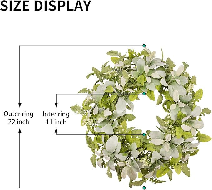 Green Year Round Wreaths 22 Inch Fabric Leaves Wreath with Lambs Ear Leaves & White Flowers, All Seasons Wreaths for Front Door Spring Summer Porch Wall Indoor Outdoor Farmhouse Decor