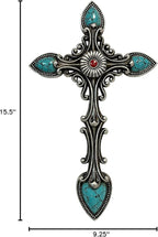 De Leon Collections 14230 Vintage Ornate Antique Turquoise and Silver Tone 15.5 Inch Polyresin Southwestern Decorative Home Décor Hanging Sculpture Wall Cross