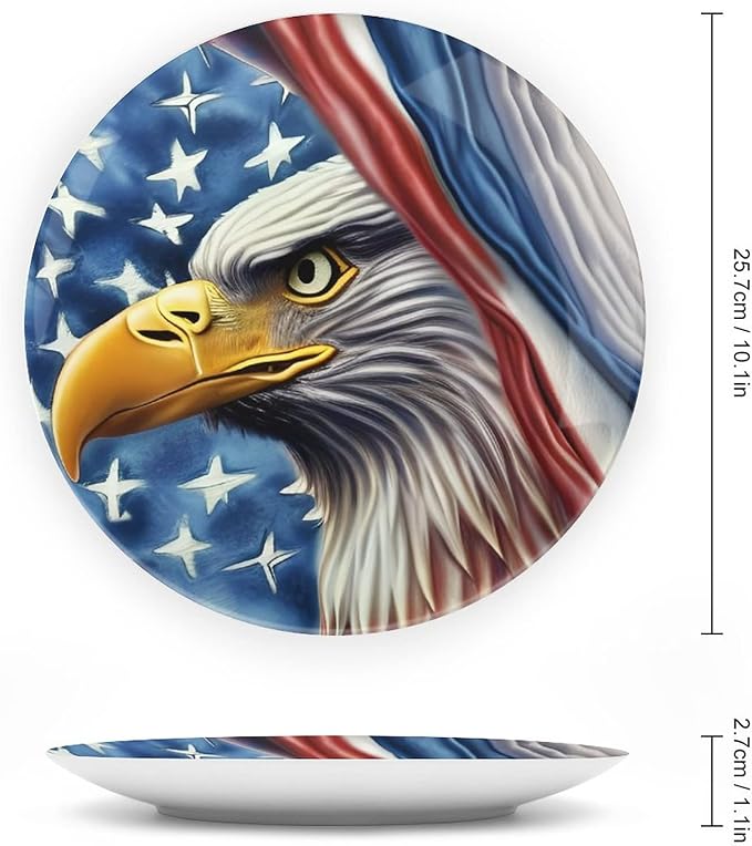 Decorative Plates for Home Decor, Eagle and American Flag Patriotic Decor Tray for Table Display, Ceramic Dinner Plate w/Stand, Living Room Dining Room Decor, Housewarming Gifts, 10 Inch