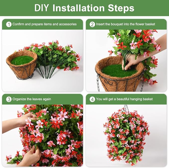 INQCMY Artificial Hanging Flowers Decoration, 4pcs Fake Floral Basket Plants for Outdoor Porch, Faux Shrubs Home Spring Decor UV Resistant Potted Violets for Outside Garden No Fade