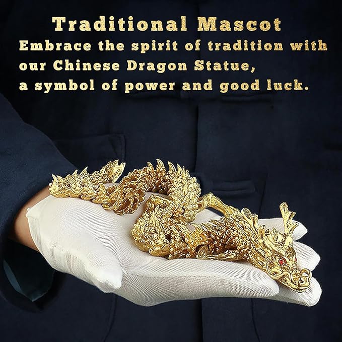 LIYAOLI Golden 3D Articulated Dragon 2024 Chinese Statue - 15 Inch Brass Gold Luck Dragon for Home Office Desk Decoration With Red Gemstone Bead