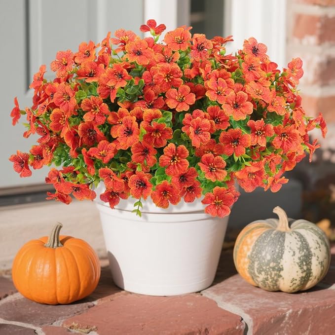 Artificial Faux Flowers Plants for Outdoors Outside Fall Autumn Decoration,12 Bundles Realistic Fake Mums Flowers Plant Greenery Silk Daisy UV Resistant Planters Balcony Porch Patio Garden Home Orange