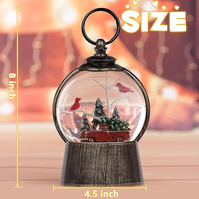 Christmas Snow Globe Lantern with Timer Cardinals Christmas Tree Truck Lighted Music Snow Globes, USB & Batteries Powered Holiday Glitter Globe for Xmas Indoor Decoration and Cardinal Gifts