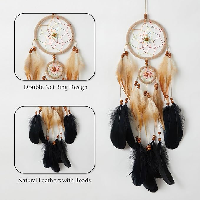 Pretty Jolly Indian Small Camel Brown Dream Catchers Wall Decor Handmade Feathers Native Mini Dreamcatchers Home Decoration Ornament for Bedroom Birthday Party-2 Rings