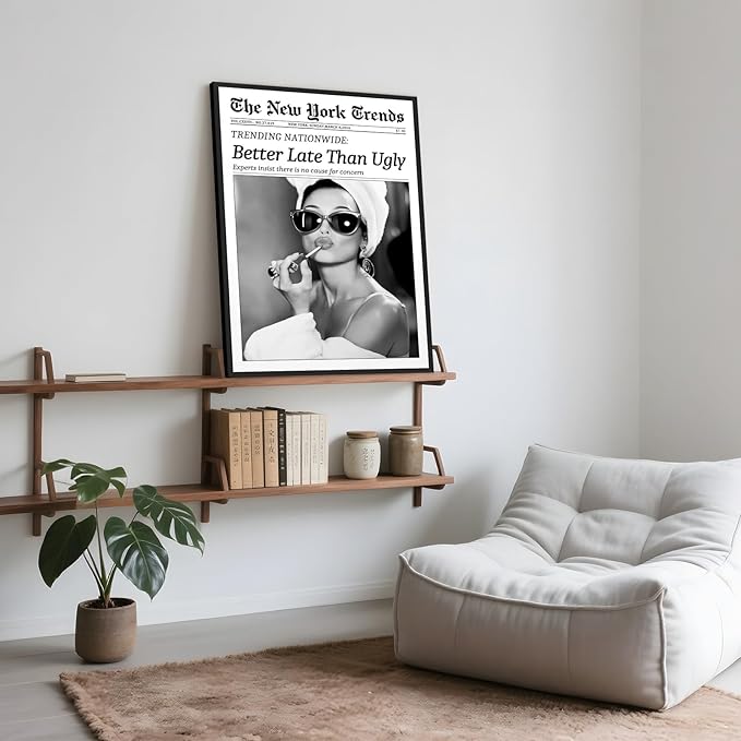 Framed Better Late Than Ugly Wall Decor Vintage Newspaper Wall Art Black and White Fashion Poster Audrey Hepburn Chic Decor New York Trends Glam Quote Canvas Print for Bedroom Bathroom Dorm 8x12inch
