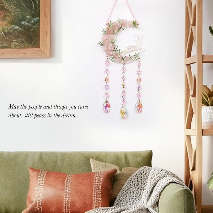 Fairy Pink Forest Deer Crystals Dream Catchers Christmas Gemstone Sun Catcher with Star&Flowers Ornament Handmade Dreamcatcher Wall Decor for Adults Boys Girls Bedroom Wedding Garden Bless Gift