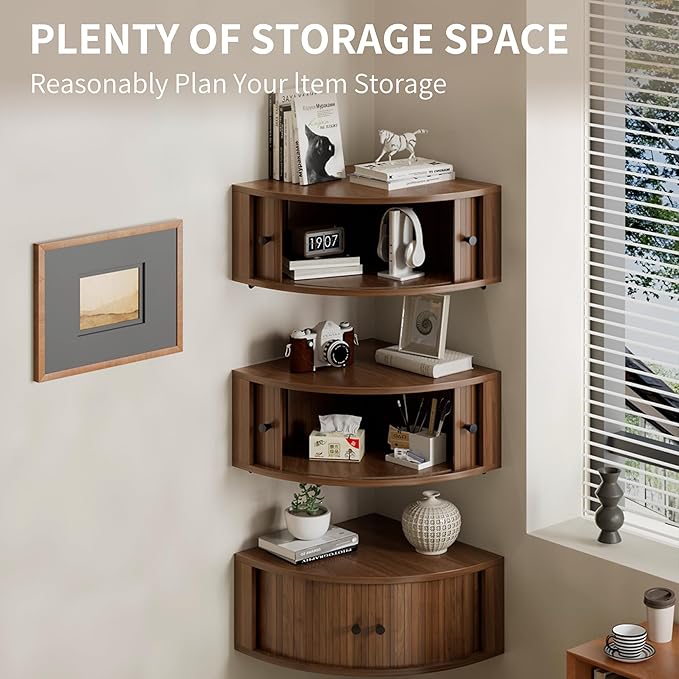 Corner Shelves Wall Cabinet Set of 3, Floating Corner Shelf Organizer with Sliding Doors, Fluted Wall Cabinet for Living Room, Bedroom, Office, Small Space, Walnut (Curved, 15.74“)