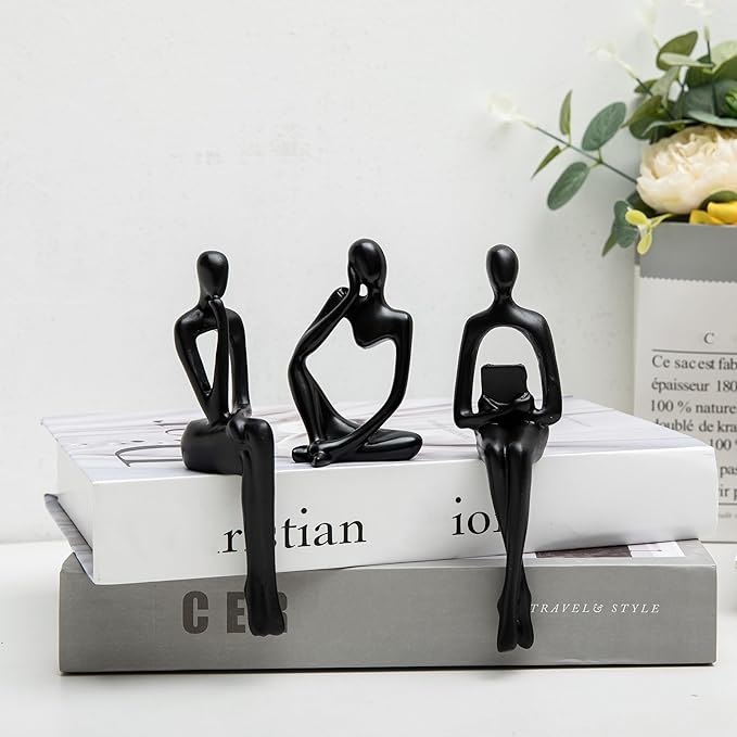 Prettidecor Gold Home Decor Thinker Statue Accents, Set of 3 Thinker Sculptures Office Decor Modern Abstract Resin Decoration on Shelf Table Desk for Living Room Office Bedroom (Black, Small)