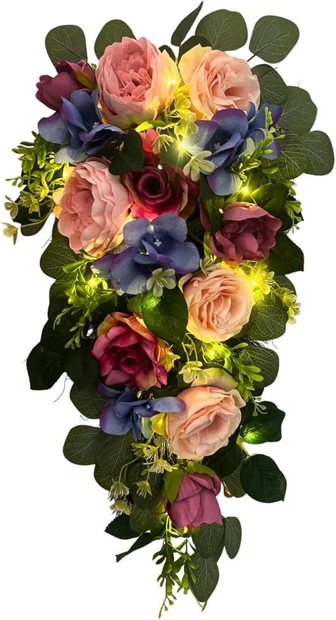 Svndlyn 24 Inch Pre-lit Peony & Rose Floral Swag for Front Door - Teardrop Spring Wreath with Timer, 20 LED Lights, Pink & Purple Vertical Wall Decor for Front Door,Wedding (Battery Operated)
