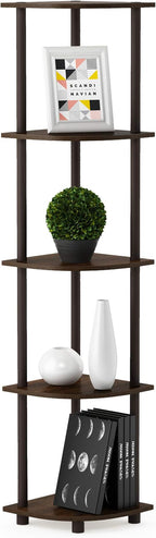 Furinno TURN-N-TUBE Corner Shelf, 5-Tier Corner Bookshelf, Open Storage Shelves, for Organization and Storage, Living Room, Home Office, Garage, Bedroom, Walnut
