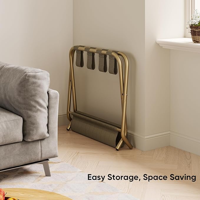 Set of 2 Luggage Rack for Guest Room, Folding Suitcase Stand with Shoe Shelf, Easy Assembly, Portable, Hold up to 110 lb, Gold