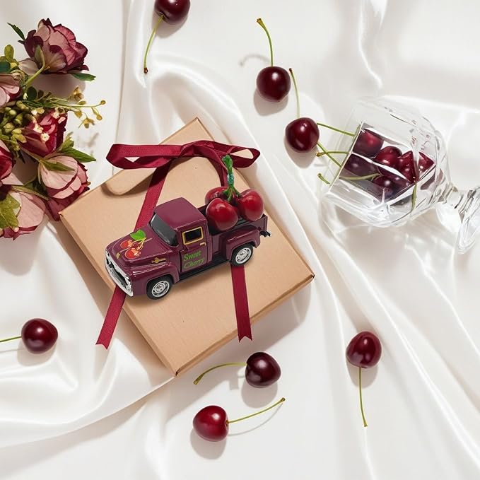 Cherry Decor – 4.9″Sweet Cherry Mini Vintage Metal Truck with 3 Fake Cherries for Themed Party Decorations, Home Kitchen Centerpieces for Tables, Farmhouse Pickup Truck Tiered Tray Decor Gifts
