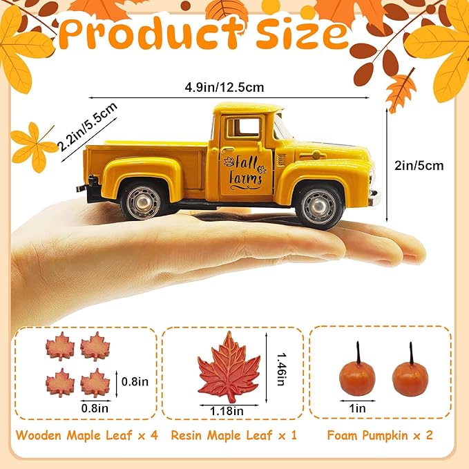 4.9″ Mini Fall Vintage Metal Pumpkin Truck Decor with Pumpkins and Maple Leaves - Fall Rustic Farmhouse Style Table Centerpiece, Thanksgiving & Autumn Havest Tiered Tray Decoration for Home Kitchen