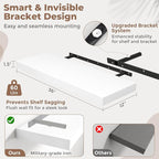36 Inch Floating Shelves for Wall Set of 2, 12"D Wood Grain Bathroom Shelves with Invisible Brackets, Easy Install Engineered Wood Storage Shelves for Kitchen, Living Room, Bedroom, White Finish