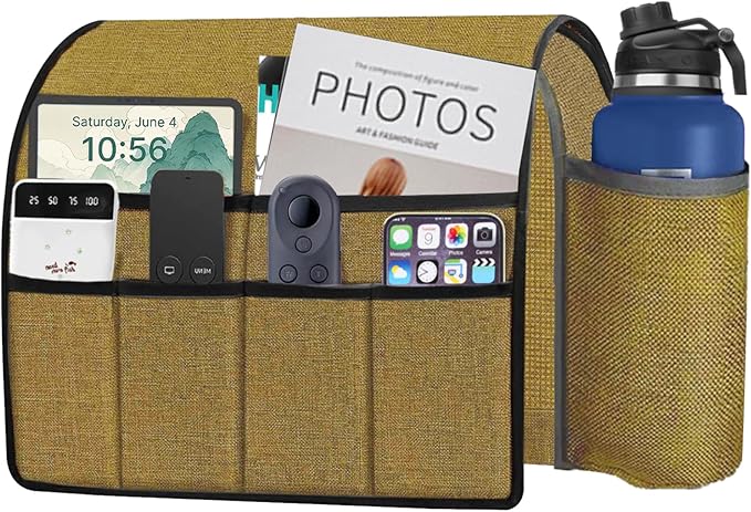 Ntomtuex Sofa Armchair Caddy Remote Control Holder with Water Bottle for Couch Recliner, Armrest Organizer with 7-Pocket Design for Magazines, Eyeglasses, iPad, Phone, Khaki