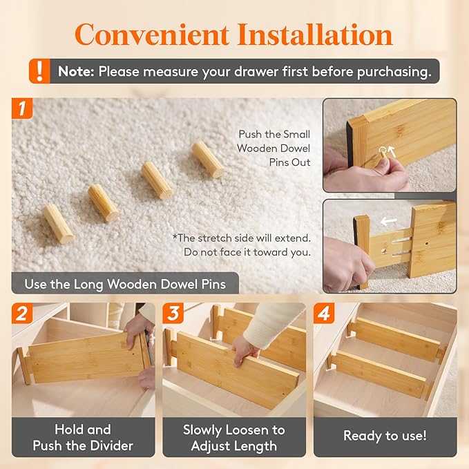 Lifewit 5" High 8 Pack Bamboo Drawer Dividers 45-55cm/17.5-22" Adjustable Wooden Drawer Organizer for Clothes/Utensils, Expandable Drawer Separator for Dresser/Kitchen/Bedroom/Office Organization