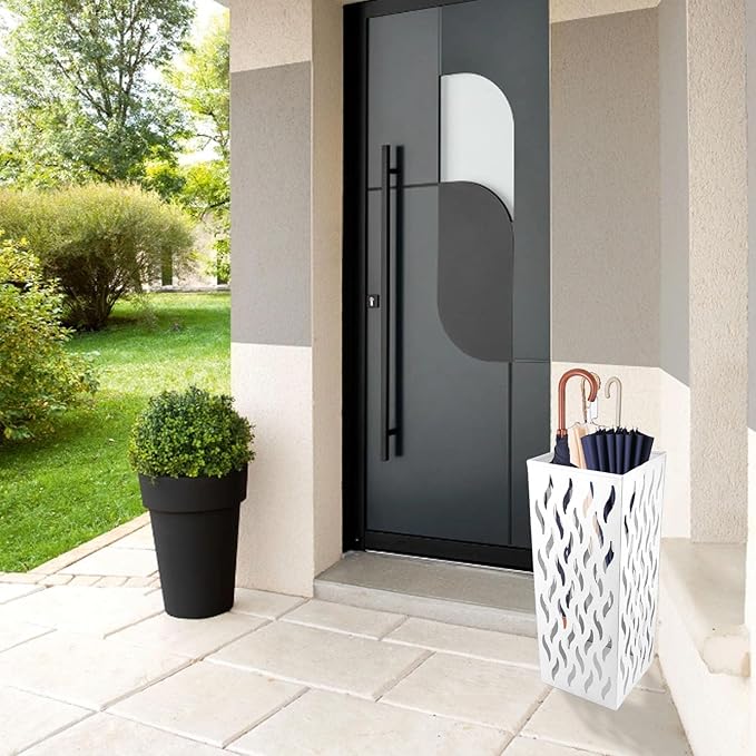 Tyenaza Metal Umbrella Holder, Round Proof Umbrella Storage Organizer Hollow Copper Pattern Umbrella Organizer Bin Umbrella Stand for Home Hotel (White)