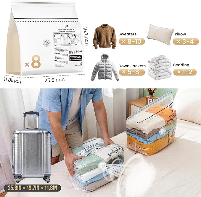 TAILI 8 Pack Cube Vacuum Storage Bags, Medium Size (25x19x11 inch), Vacuum Seal Bags for Clothing, Travel Compression Packing for Clothes, Blankets, Baby Clothes, Travel Accessories