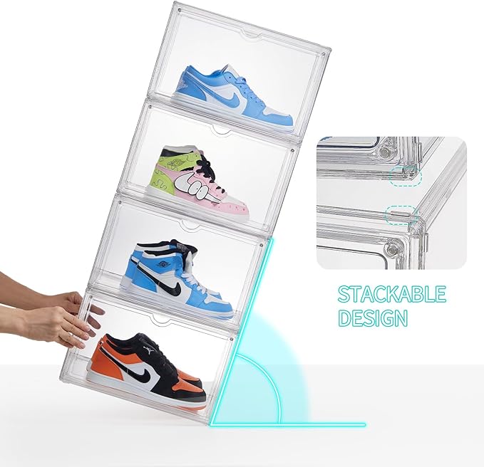 Sneaker Shoe Display Case,Shoe Box with Clear Magnetic Door,Thicken & Sturdy Organizer Containers Stackable,Fit Shoe Size Up to US 14 (X-Large) (X-Large-2pack)