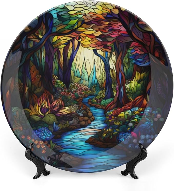 Stained Glass Theme Decorative Ceramic Plate Round Porcelain Plate,8 inch,Sunrise Forest Stream Pattern,for Decorative Ornaments Giving Plates, 1 Plate with 1 Display Stand,Multicolor