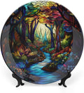 Stained Glass Theme Decorative Ceramic Plate Round Porcelain Plate,8 inch,Sunrise Forest Stream Pattern,for Decorative Ornaments Giving Plates, 1 Plate with 1 Display Stand,Multicolor