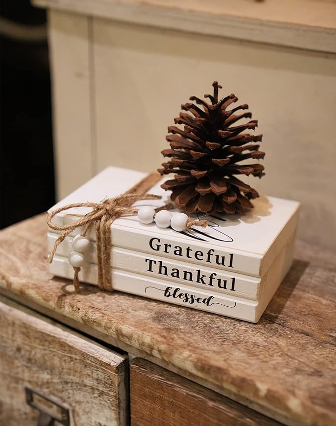 3 Pieces Wooden Decorative White Books, Rustic Farmhouse Faux Books for Coffee Table Shelves with Wood Bead Tassels and Leaves, 7'x 4.6'x 2.5' (Grateful, Thankful, Blessed)
