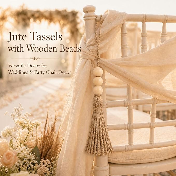 Jute Rope Tassel with 3 Wooden Beads - 20 Pcs Thick Handmade Jute Tassels for Garland Craft Decor Farmhouse Boho Home Door Hanging Decoration for Wedding Party Christmas DIY