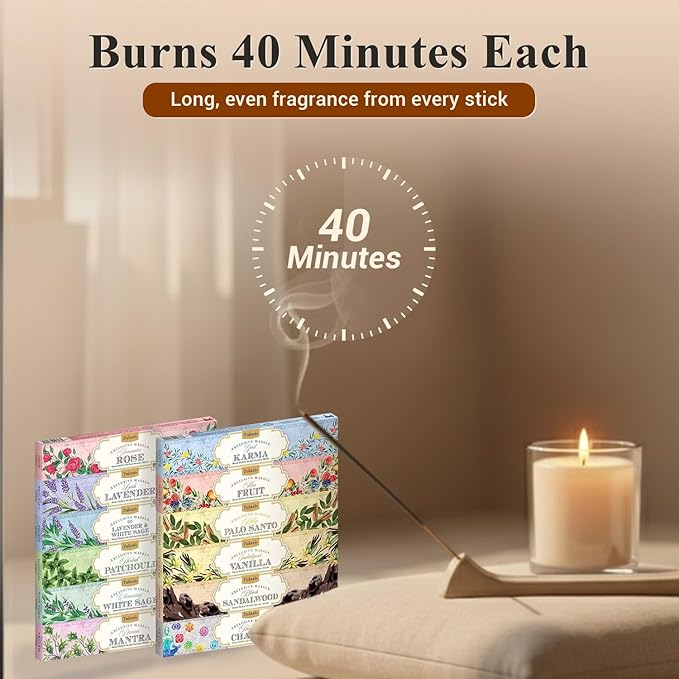 Tulasi Natural Incense Sticks Assorted/Variety Pack – 180 Hand-Rolled Sticks, 12 Fragrances | Lavender, White Sage, Sandalwood, Palo Santo, Rose | Aromatherapy & Meditation