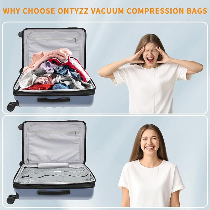 ONTYZZ Vacuum Bags for Travel, Reusable Vacuum Compression Bag, Recycled IPX8 Waterproof Space Saver Bag for Luggage/Camping/Home Storage (3 Pack with Air Pump-Grey)