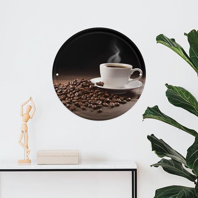 Wall Picture, with Coffee Cup and Coffee Beans Printed Circular Iron Hanging Picture,Wall Art Decor,Home for Bedroom Living Room Bathroom Decor,Iron Painting 11.8X11.8 in