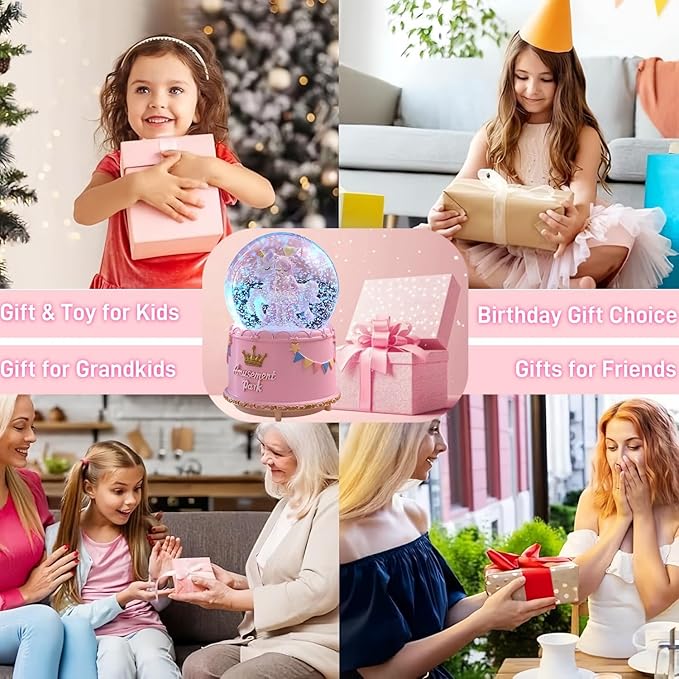 Unicorn Snow Globes for Girl,6.5IN Pink Music Snowglobes with LED Lights and Automatic Snowfall,Home Decor Glass Ball for Kids Bedroom Birthday for 5-18 Year Old Girl(6.5x4.1IN