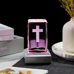 YWHL 3D Crystal Cross Figurine with Colorful Light Base, Laser Engraved Bible Religious Gifts for Women Men, Christian Collectible Decoration for Home Office