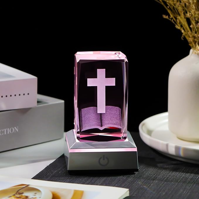 YWHL 3D Crystal Cross Figurine with Colorful Light Base, Laser Engraved Bible Religious Gifts for Women Men, Christian Collectible Decoration for Home Office