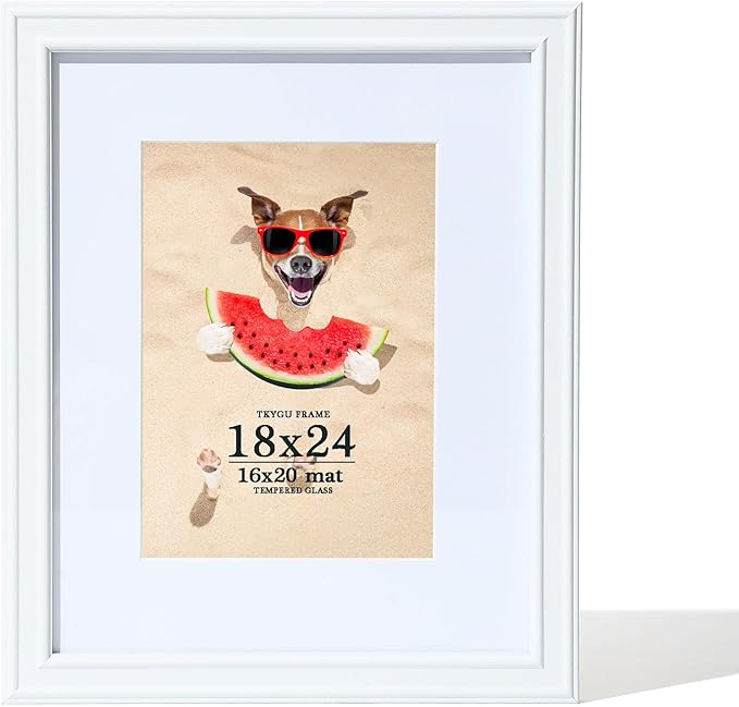 18x24 Picture Frame White Matted to 16x20 Photo, Oak Wooden Frame 18 x 24 photo for Wall, Minimalist Wood Poster Frame18 by 24 with Real Glass 18"x24"Art Frame for Home Decor Gifts