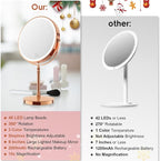 DEIOVWXS Makeup Mirror, 3000mAh Rechargeable Double-Sided Magnifying Vanity Mirror with 3 Colors, 1X/10X, Adjustable Brightness, Gifts for Mom, Mothers Day, Women, Wife, Girls, Dorm Room Essential