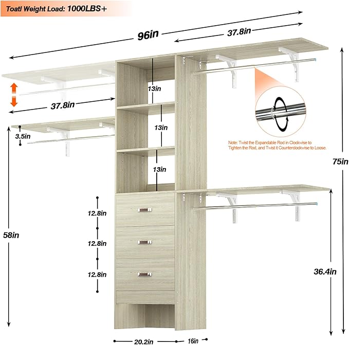 8FT Closet System, 96'' Closet Organizer System with 3 Hanging Rods, Wall Mount Bedroom Wardrobe with 3 Drawers Walk-in Closet, Adjustable Garment Rack from 5 to 8FT(Cut to Fit), White Oak