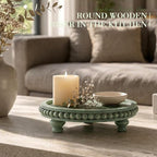 EOSAHR Round Pine Wooden Riser for Home Decor - Beaded Decorative Tray for Coffee Table - Wood Riser for Small Plant Stand & Sink Sponge Holder, Perfume Display Stand (Green)