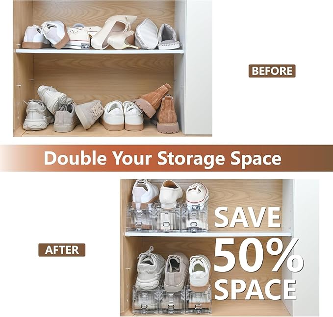 30-Pack Shoe Slots Organizer for Closet, Adjustable Shoe Stacker & Space Saver, Clear Double Deck Shoe Storage for Small Spaces, Transparent