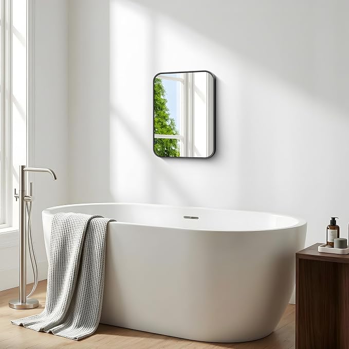 BONEWEI 16x20 inch Bathroom Mirror,Black Rectangle Mirror,Wall Mounted Bathroom Frame Vanity Mirror with Round Corner for Bedroom Living Room,Entryway Hangs Horizontal or Vertical