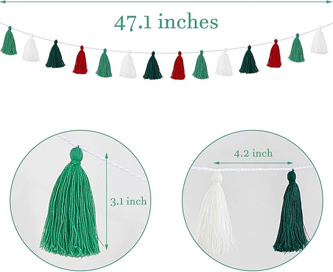 WILLBOND 4 Pieces Valentine's Day Tassel Garland for Classroom Wall Decor Boho Pastel Garland Cotton Tassel Banners for Party School(3.1 Inch,Red, White, Light Green, Dark Green)