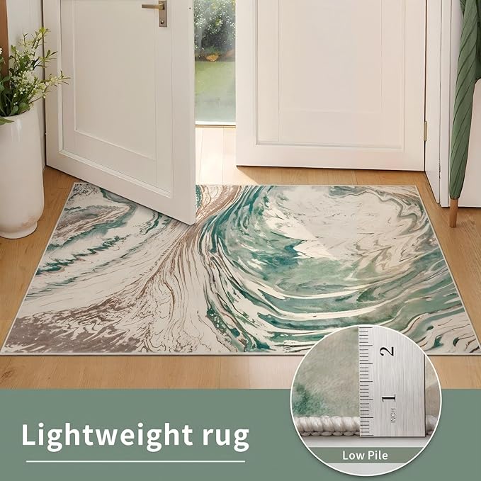Ciicool Modern Abstract Area Rug 2x3 Washable Small Soft Entryway Rugs, Green Non-Slip Low Pile Throw Swirl Entry Rug, Foldable Kitchen Bathroom Rugs Floor Carpet for Entrance Bedroom Indoor Doormat