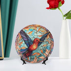 Decorative Plates for Home Decor, Colorful Stained Glass Design Hummingbird Decor Tray for Table Display, Ceramic Dinner Plate W/Stand, Living Room Decor, Gifts for Hummingbird Lovers, 7 Inch