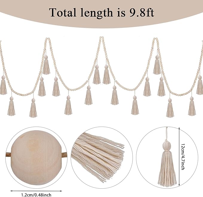 Janinka Tassel Garland Boho Classroom Decor Macrame Wooden Bead Garlands Wood Beads Banner with Tassels Boho Wall Hanging Banner for Classroom Bedroom Nursery Home Decoration(Classic Color)