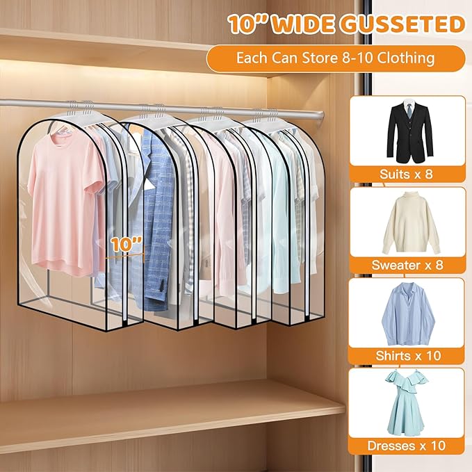 4 Pack Full Clear Garment Bags with Side Zipper, 50" Clothes Covers with 10" Gusset, Transparent Hanging Suit & Coat Covers for Closet Storage, Jackets, Dresses, Windbreakers