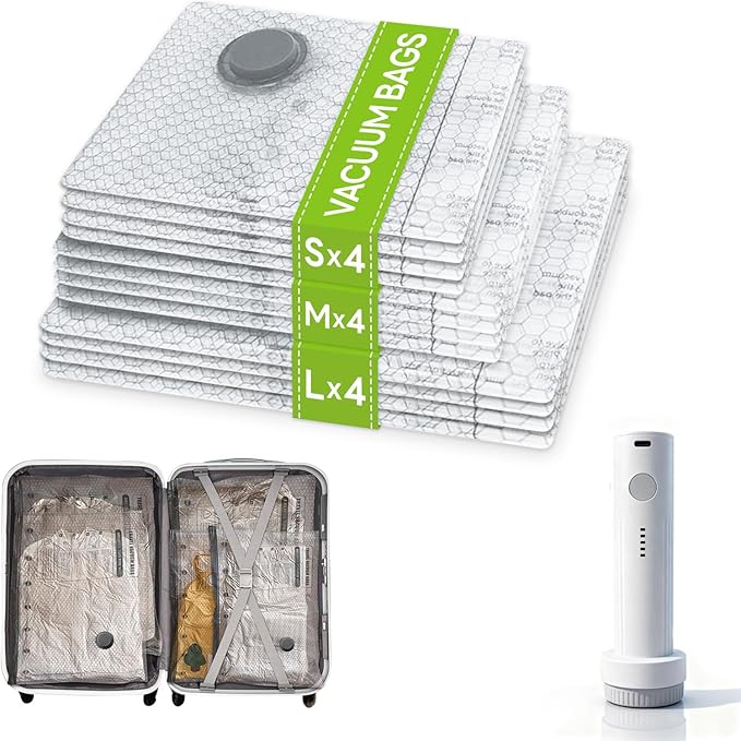 12 Pack Vacuum Bags for Travel with Rechargeable USB Pump,Space Saver Vacuum Storage Bags for Luggage and Suitcase,Portable Seal Bags for Clothes and Clothing Travel