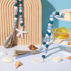 Janinka 2 Pcs Farmhouse Seashell Bead Garland with Tassels Decorative Beads Decor Nautical Farmhouse Tiered Tray Decorations Set Coastal Garland for Home and Kitchen, Wooden Beads(White)